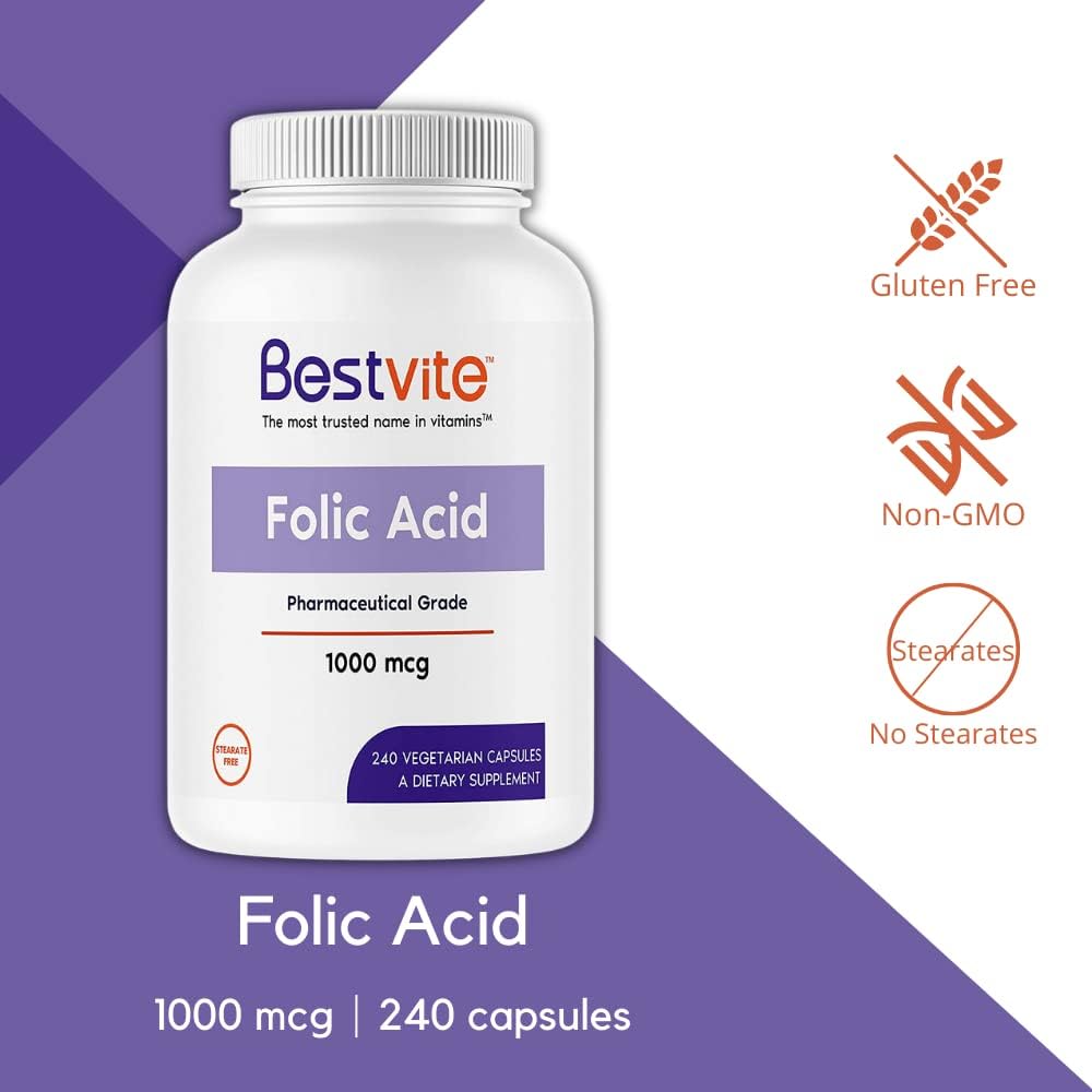 High Potency Folic Acid 1000mcg (Vitamin B9) Capsules - 240 Vegetarian Capsules, Non-GMO & Gluten Free - No Fillers