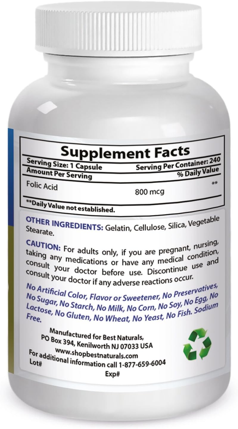 High Potency Folic Acid 800 mcg Supplement - 240 Capsules by Best Naturals