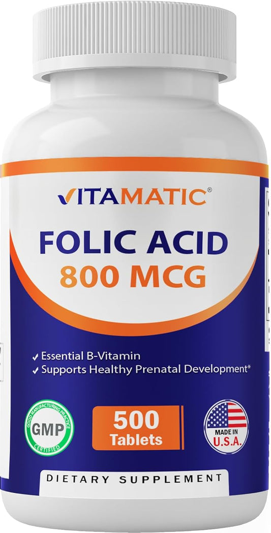 High-Potency Folic Acid 800 mcg Supplement - 500 Vegan Tablets - Vitamin B9