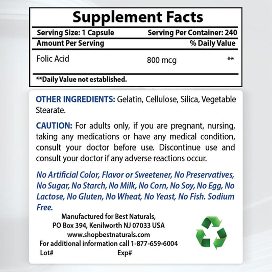 High Potency Folic Acid 800 mcg with Vitamin K2 (MK7) and D3 - Top Quality Supplement for Bone and Heart Health