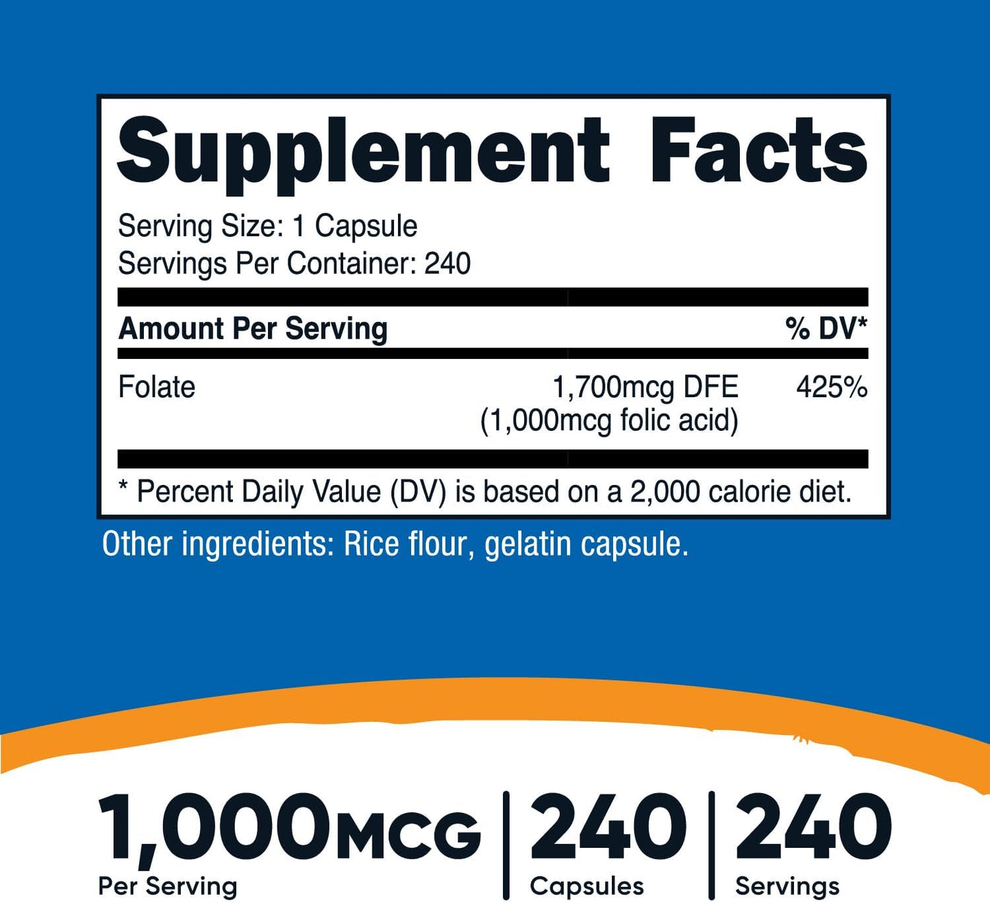 High Potency Folic Acid (Vitamin B9) 1000 mcg - 240 Capsules by Nutricost