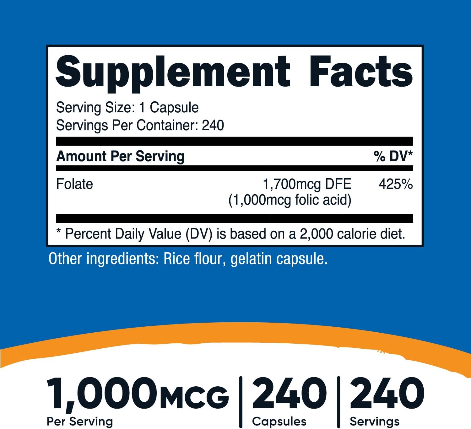 High Potency Folic Acid (Vitamin B9) 1000 mcg - 240 Capsules by Nutricost