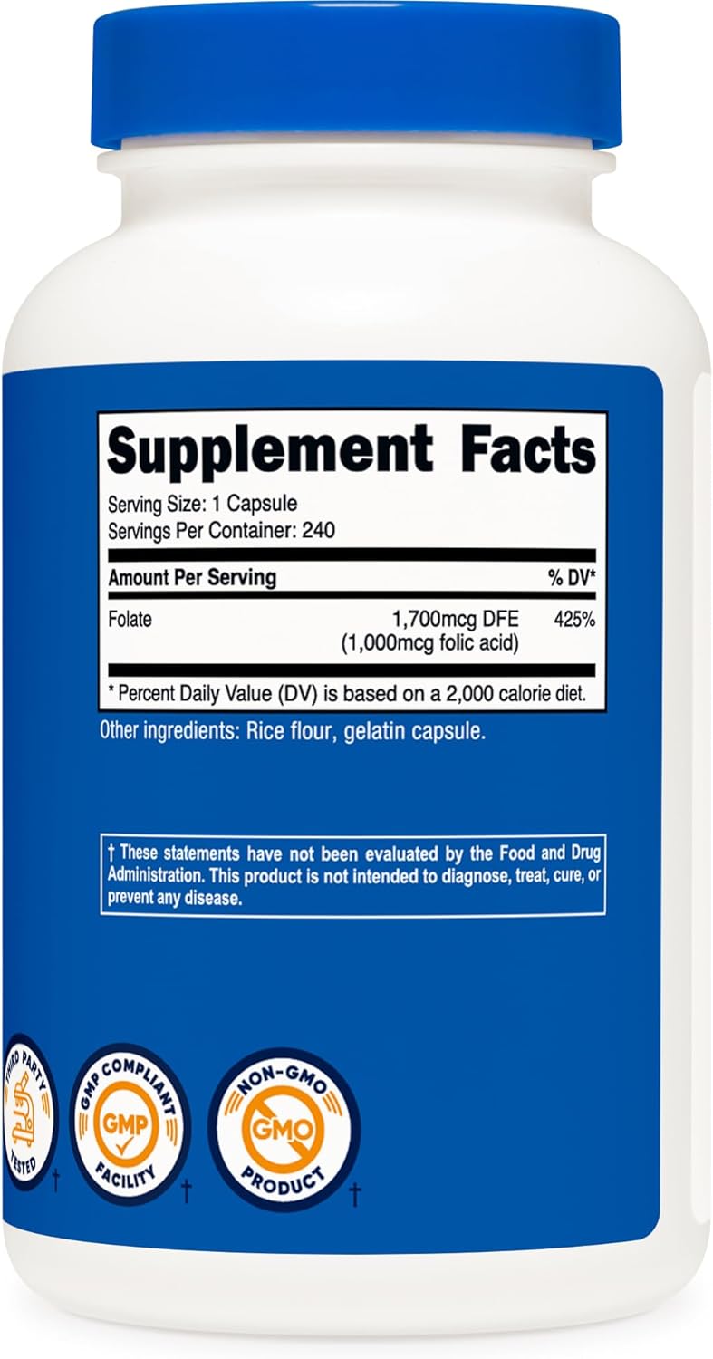 High Potency Folic Acid (Vitamin B9) 1000 mcg - 240 Capsules by Nutricost