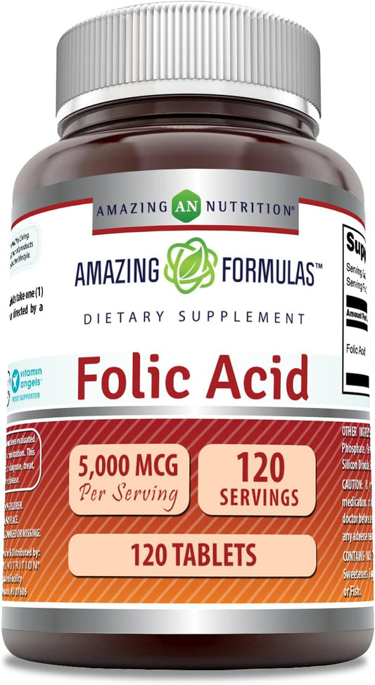High Potency Folic Acid (Vitamin B9) Supplement | 5000 Mcg per Serving | 120 Tablets | Non-GMO | Gluten-Free | USA-Made