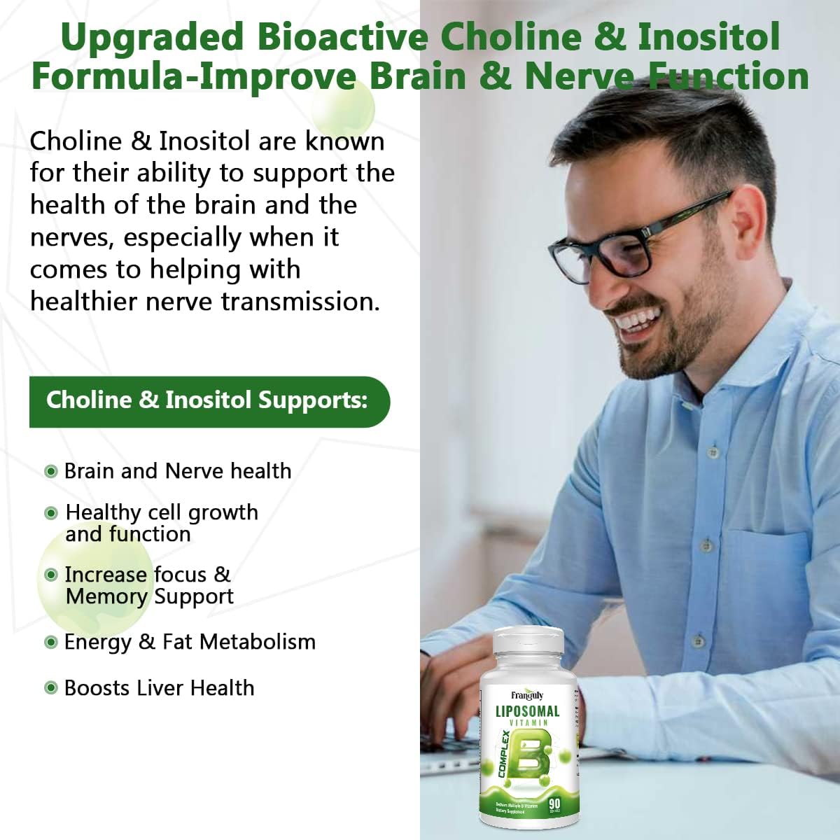High Potency Franguly Active B Complex Supplement with Liposomal B Vitamins, Choline, and Inositol - Supports Energy and Brain Health - 270 Softgels