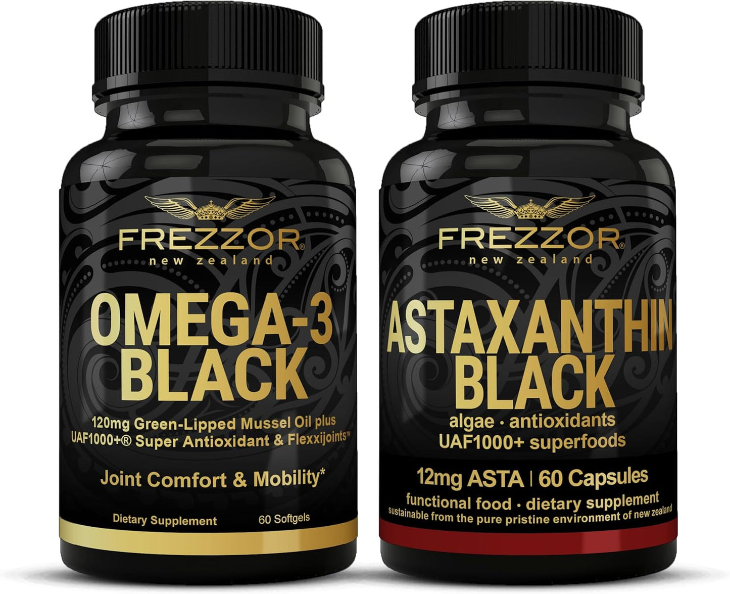 High Potency FREZZOR Omega 3 Black Green Lipped Mussel Oil Softgels for Joint Comfort & Mobility - 60 Softgels + Astaxanthin Bottle