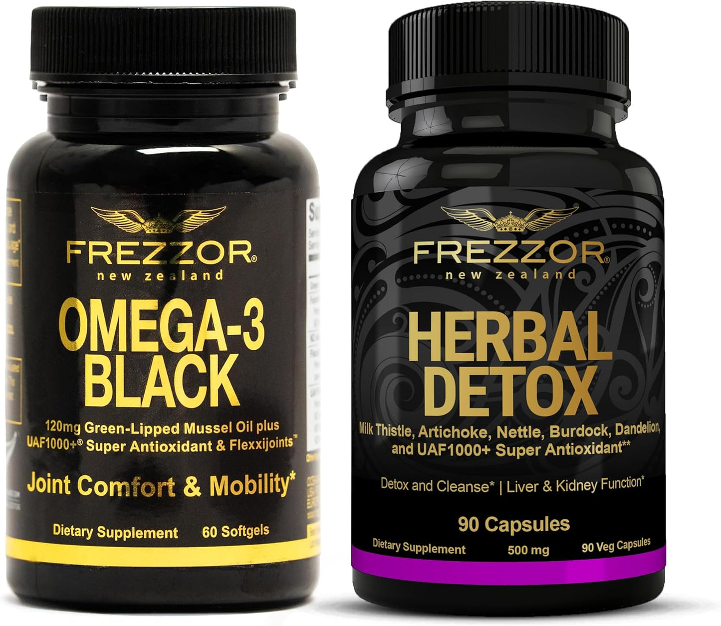 High Potency FREZZOR Omega 3 Black Green Lipped Mussel Oil for Joint Comfort & Mobility - 60 Softgels + Herbal Detox Bottle