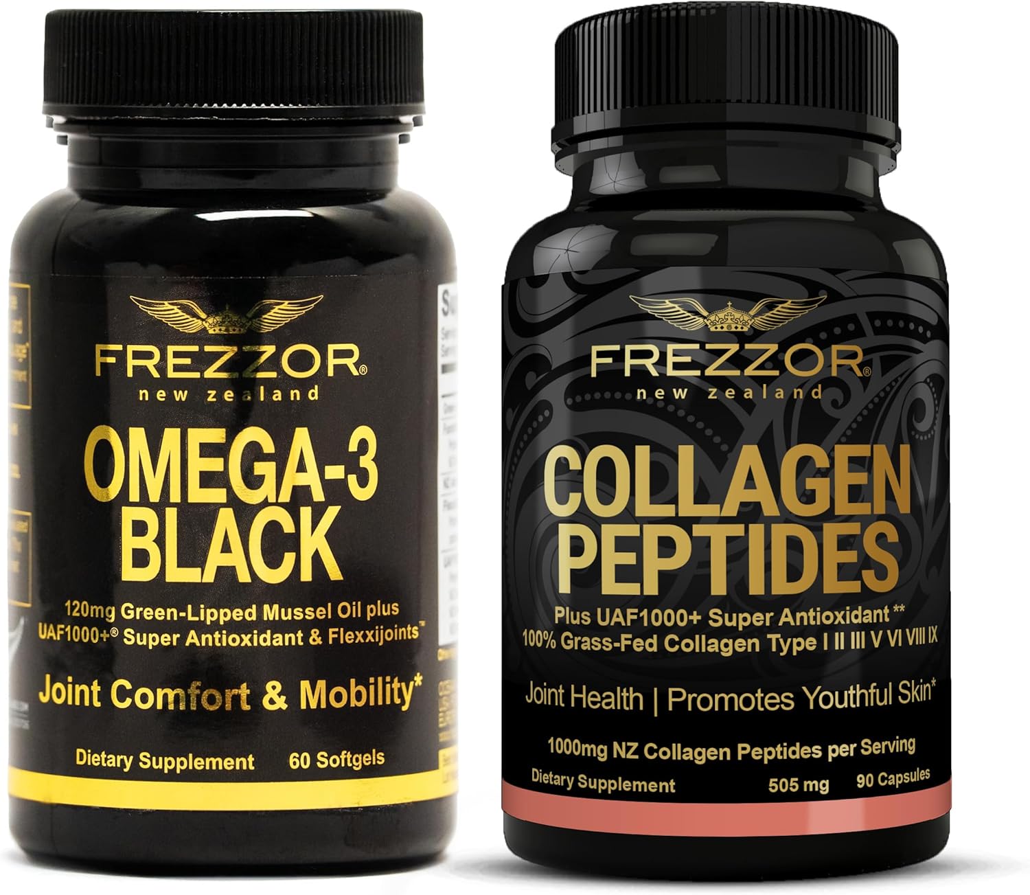 High Potency FREZZOR Omega 3 Black Green Lipped Mussel Oil for Joint Comfort, Mobility, and Collagen Support - 60 Softgels