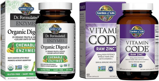 High Potency Garden of Life Dr Formulated Digestive Enzymes with Papain, Bromelain & Zinc Supplements - Raw Zinc and Vitamin C Multimineral Supplement