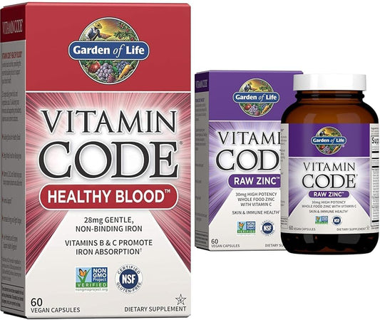 High Potency Garden of Life Vitamin Code Healthy Blood Capsules with Zinc - 60ct & 30mg Raw Zinc and Vitamin C Multimineral Supplement