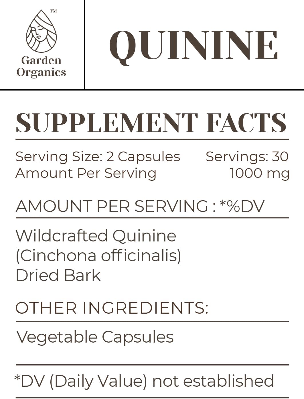 High-Potency Garden Organics Quinine Capsules - Herbal Dietary Supplement with Vegetable Capsules - 60 Count