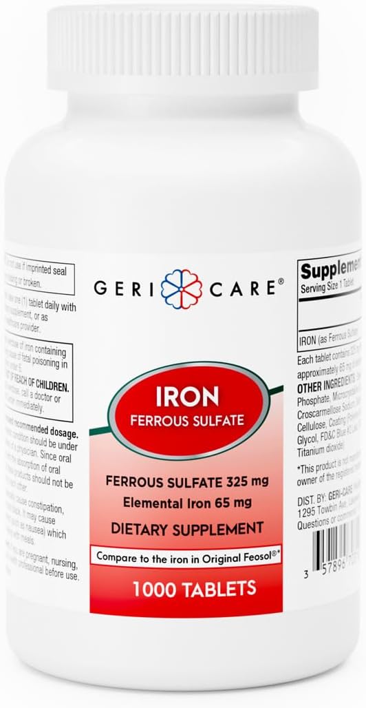 High Potency GeriCare Ferrous Sulfate Tablets 325mg - 1000 Count (Pack of 1) - Elemental Iron 65mg Supplement with No Artificial Colors
