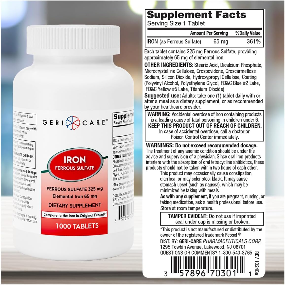 High Potency GeriCare Ferrous Sulfate Tablets 325mg - 1000 Count (Pack of 1) - Elemental Iron 65mg Supplement with No Artificial Colors