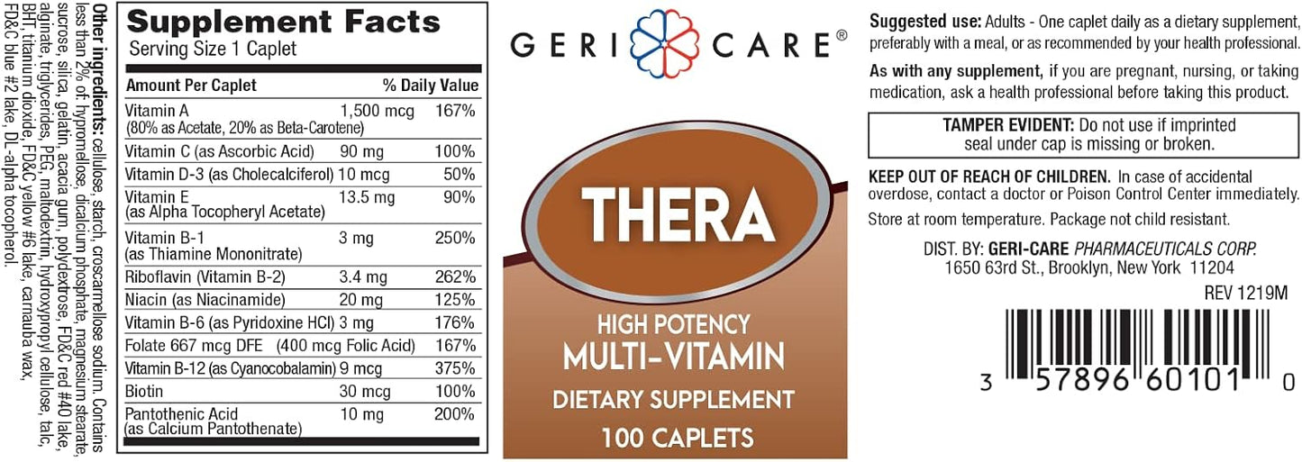 High Potency GeriCare Thera Multivitamin Caplets - 100 Count Pack - Nutritional Supplement