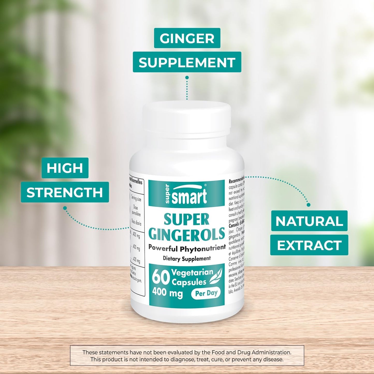 High Potency Ginger Root Extract Supplement with 400mg Gingerols per Day - Non-GMO & Gluten Free - 60 Capsules