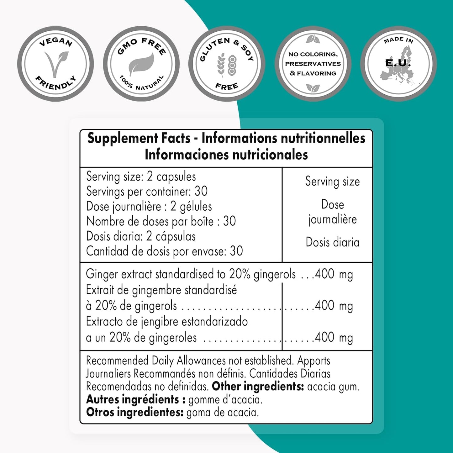 High Potency Ginger Root Extract Supplement with 400mg Gingerols per Day - Non-GMO & Gluten Free - 60 Capsules