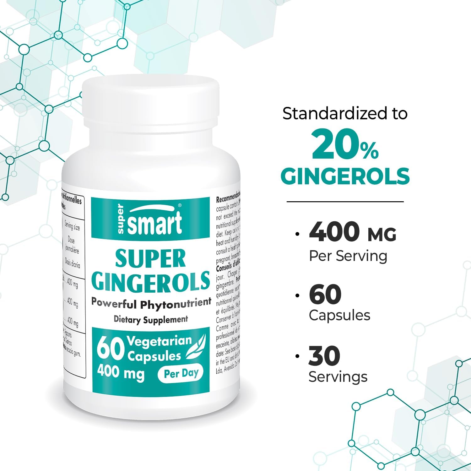 High Potency Ginger Root Extract Supplement with 400mg Gingerols per Day - Non-GMO & Gluten Free - 60 Capsules