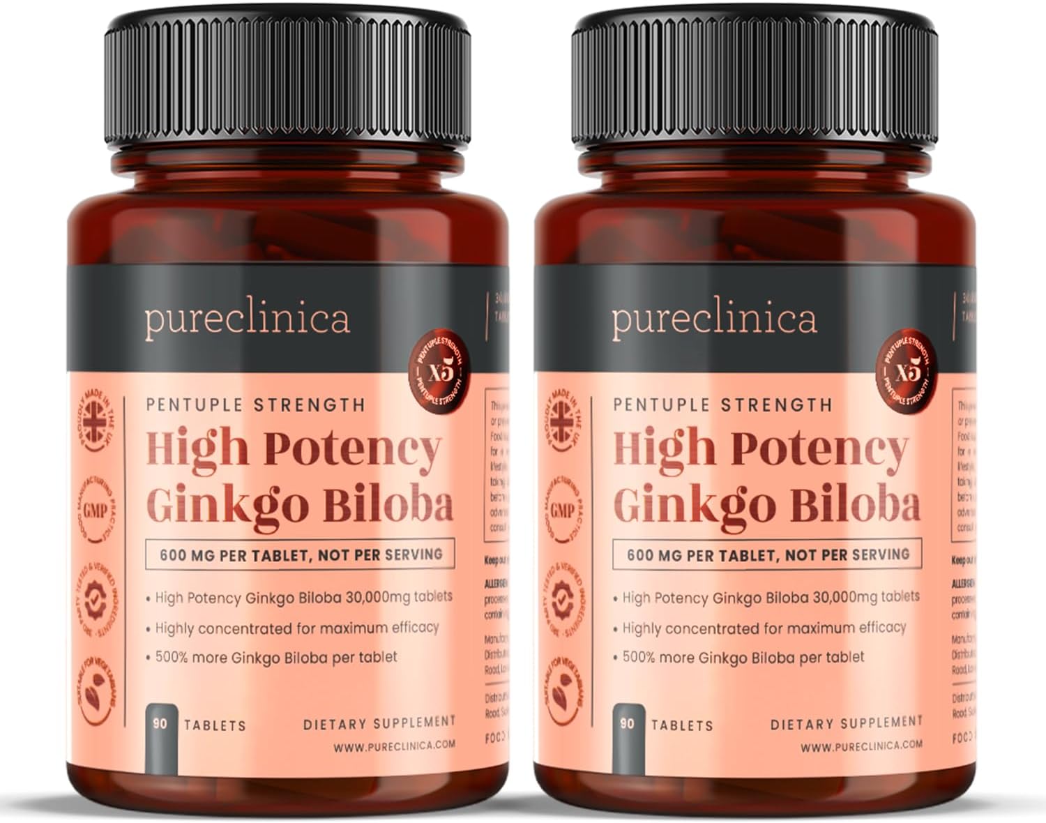 High Potency Ginkgo Biloba 30,000mg x 180 Tablets - 6 Month Supply - 5x Stronger than Competitors (2 Bottles of 90)