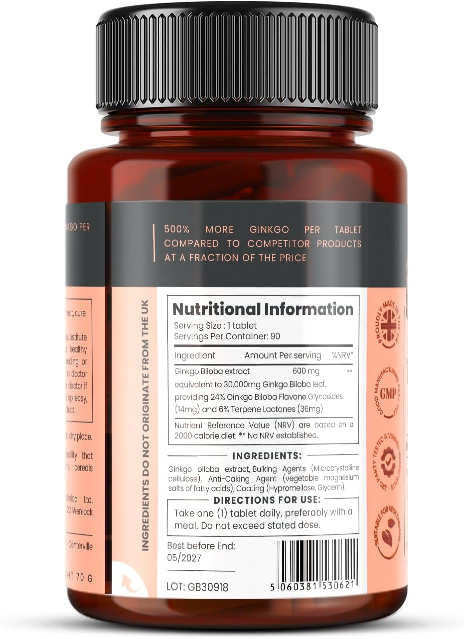 High Potency Ginkgo Biloba 30,000mg x 180 Tablets - 6 Month Supply - 5x Stronger than Competitors (2 Bottles of 90)