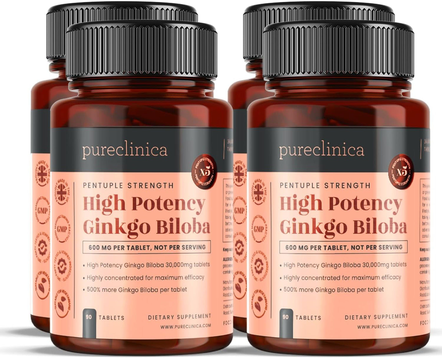 High Potency Ginkgo Biloba 30,000mg x 360 Tablets - 12 Months Supply - 5x Stronger Than Competitors - 4 Bottles of 90 Tablets