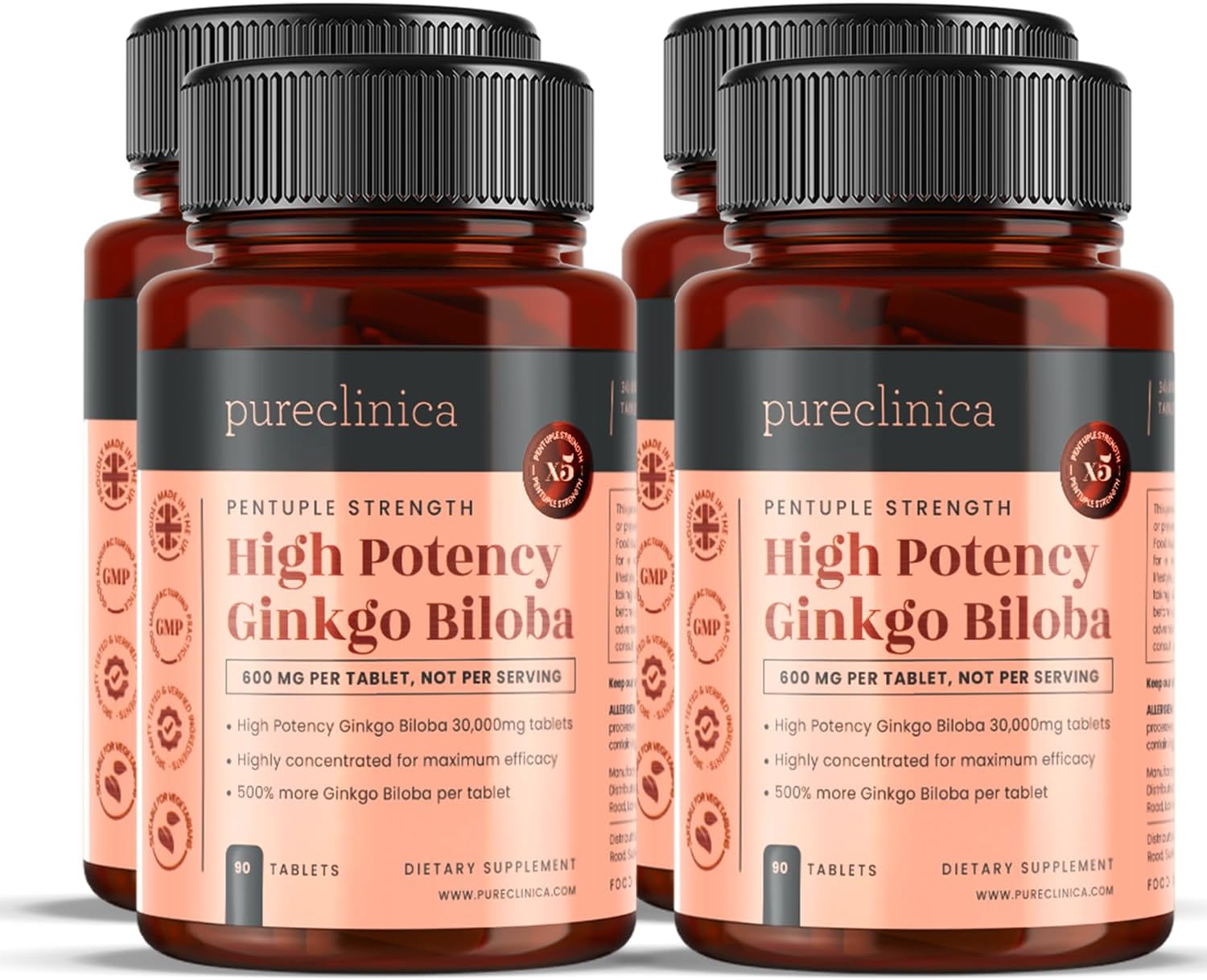 High Potency Ginkgo Biloba 30,000mg x 360 Tablets - 12 Months Supply - 5x Stronger Than Competitors - 4 Bottles of 90 Tablets