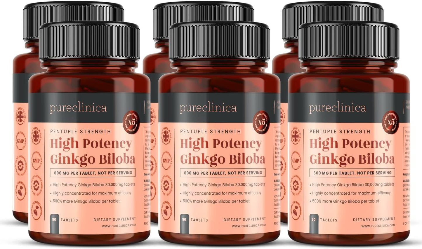 High Potency Ginkgo Biloba 30,000mg x 540 Tablets - 18 Months Supply - 5x Stronger Than Competitors - Pureclinica