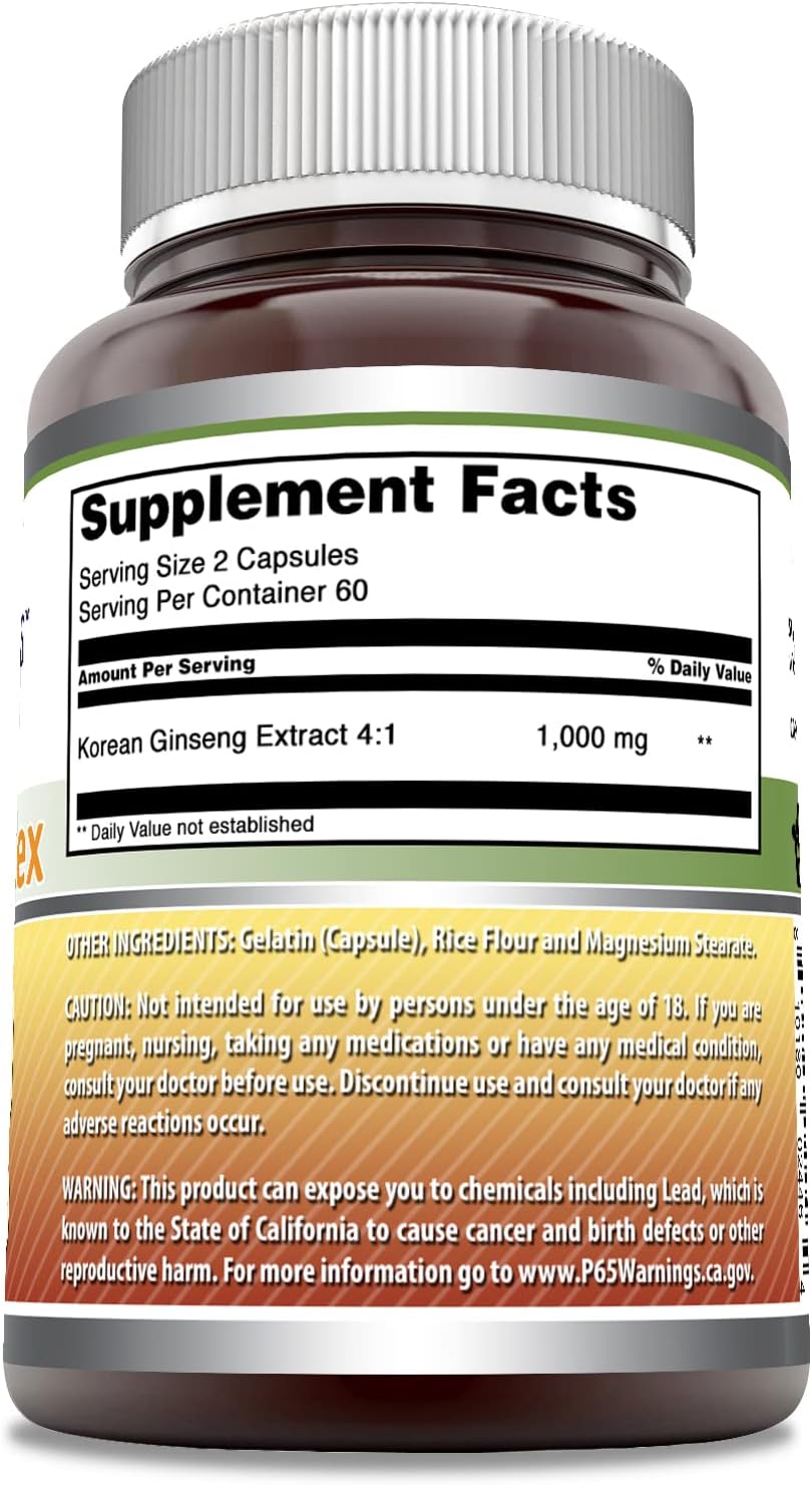 High Potency Ginseng Complex Supplement 1000mg - Korean Ginseng Extract, 120 Capsules | Non-GMO, Gluten Free - Made in USA by Amazing Nutrition