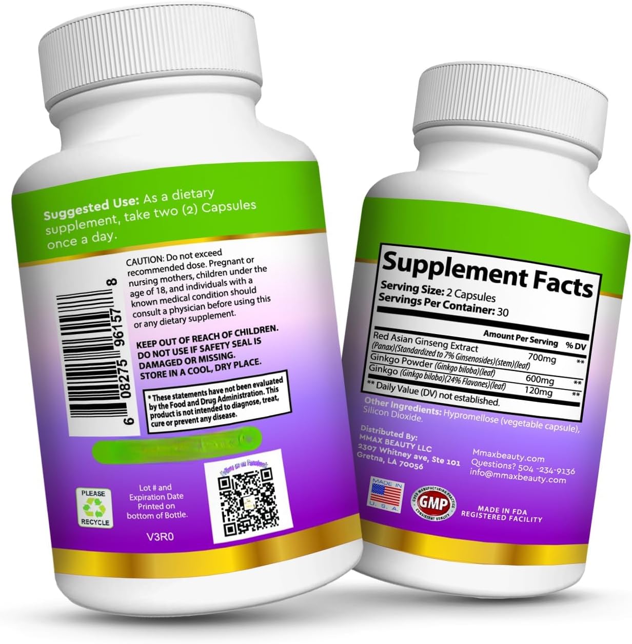 High Potency Ginseng Ginkgo Biloba Supplement - 700mg Ginseng Extract Powder, 600mg Gingko, 120mg Ginkgo Biloba Extract