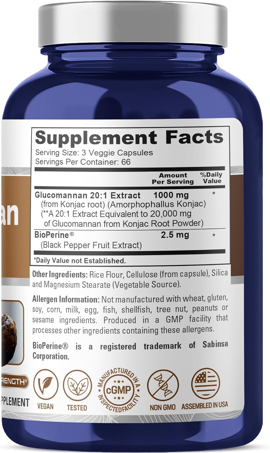 High Potency Glucomannan 20,000 mg - 200 Vegan Capsules - Konjac Root Extract with BioPerine - Non-GMO Vegan Supplement