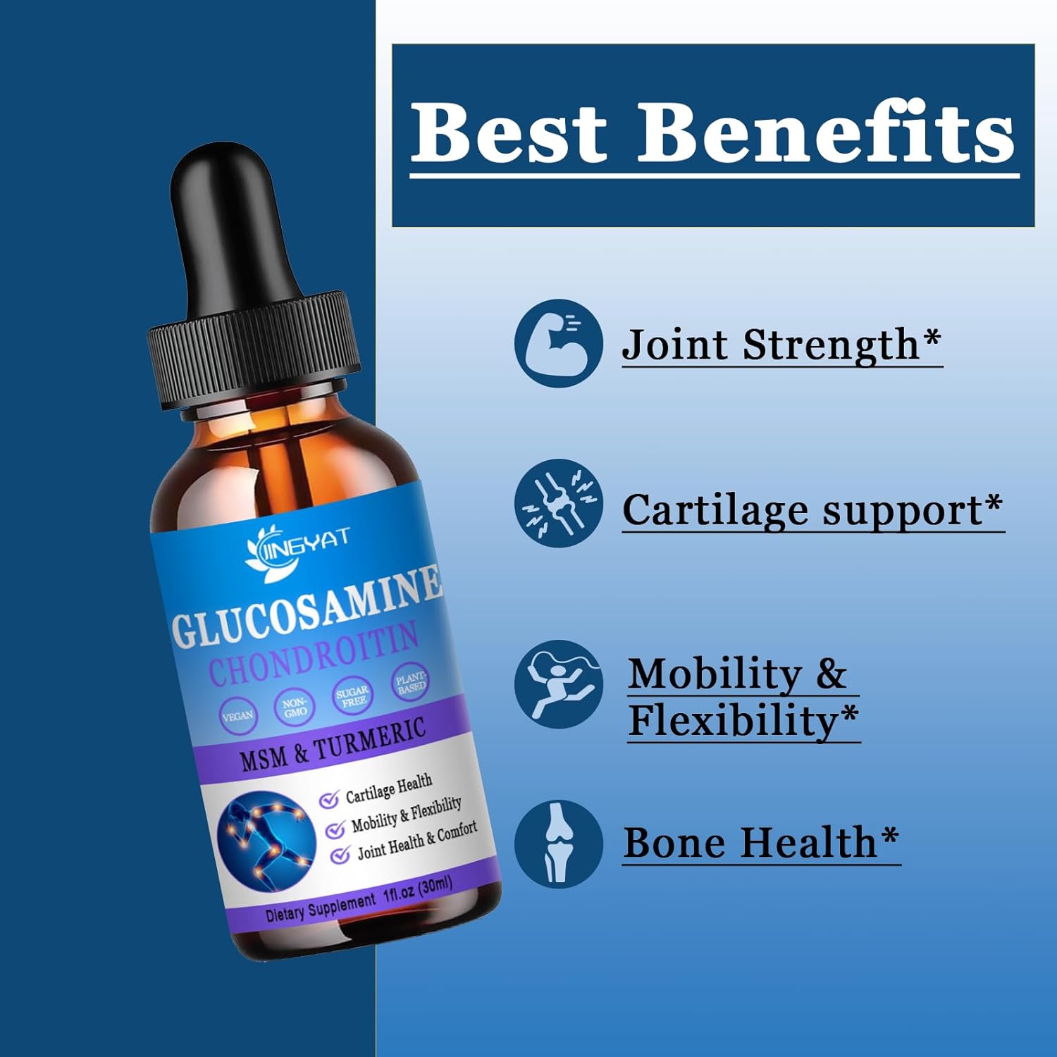High Potency Glucosamine Chondroitin Liquid Drops with MSM, Turmeric, Hyaluronic Acid, Quercetin & Bromelain - 2000mg - Joint Support Formula