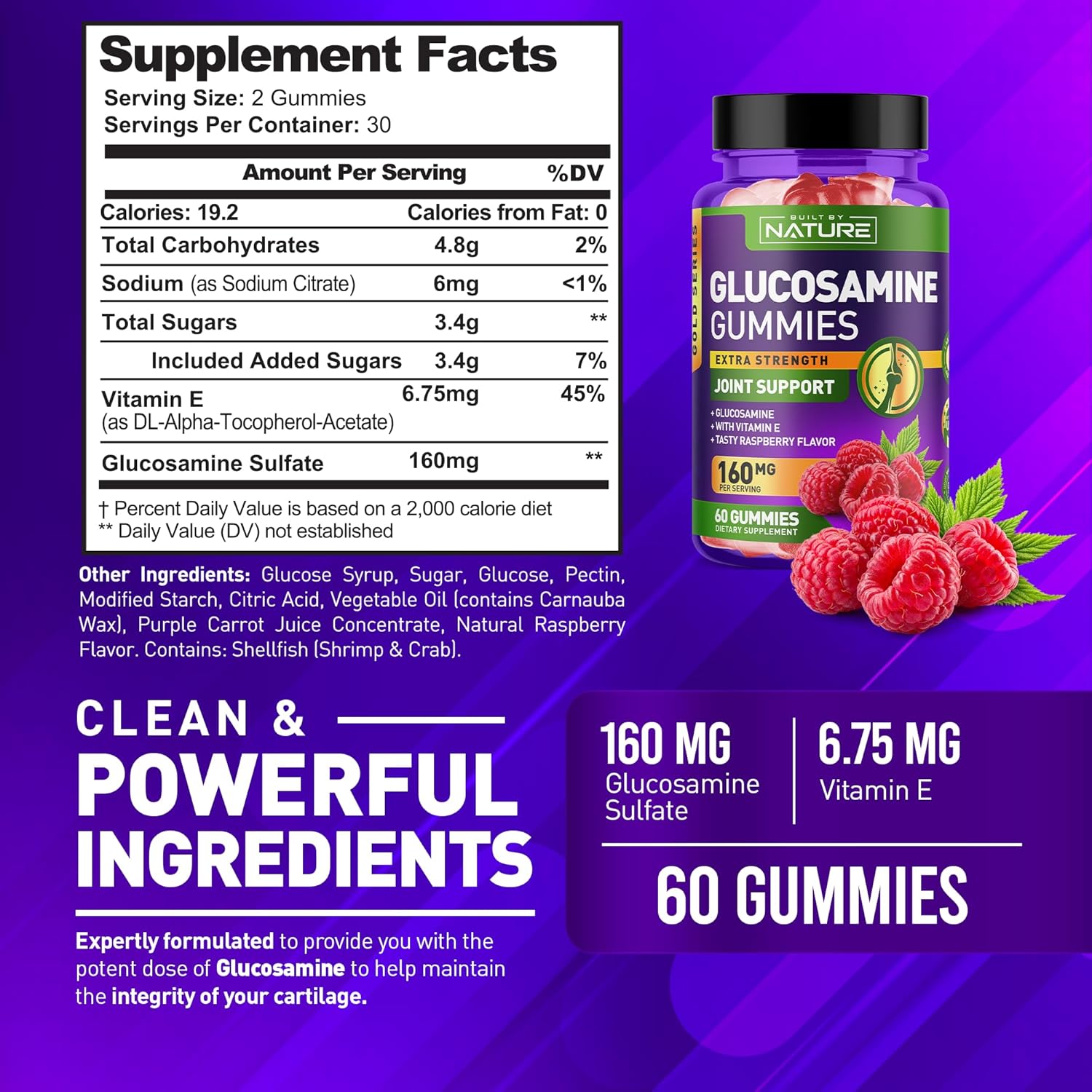 High Potency Glucosamine Gummies with Vitamin E for Joint Support - Natural Relief for Back, Knees, and Hands - Non GMO - 60 Gummies