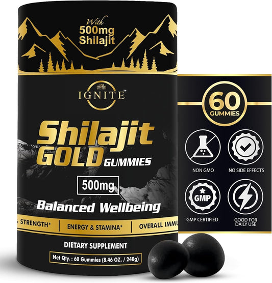 High Potency Gold Grade Himalayan Shilajit Gummies with 100% Pure Shilajit & 75%+ Fulvic Acid for Energy Boost & Immune Support - 60 Travel-Friendly Tamarind Flavor Gummies