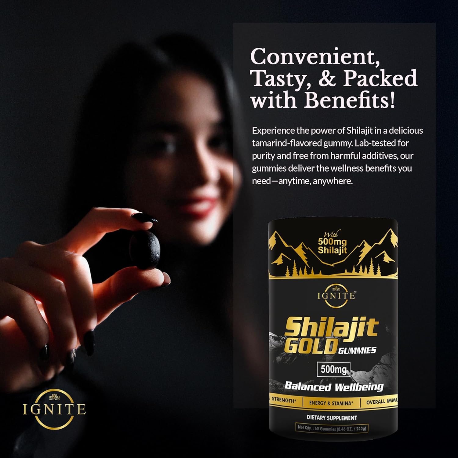 High Potency Gold Grade Himalayan Shilajit Gummies with 100% Pure Shilajit & 75%+ Fulvic Acid for Energy Boost & Immune Support - 60 Travel-Friendly Tamarind Flavor Gummies