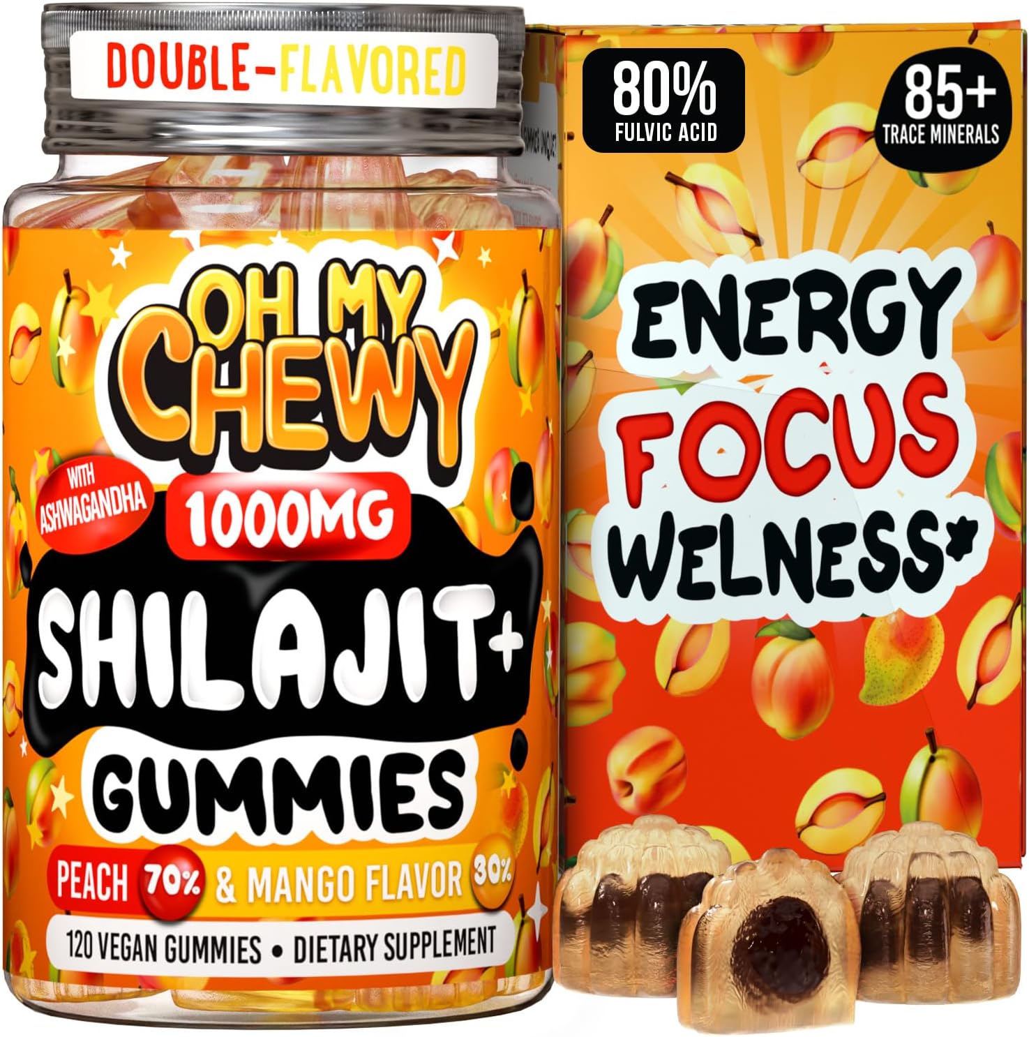 High Potency Gold Grade Pure Himalayan Shilajit Gummies with Ashwagandha & Shatavari - Energy Boost & Immune Support - 120 Gummy - Peach & Mango Flavor