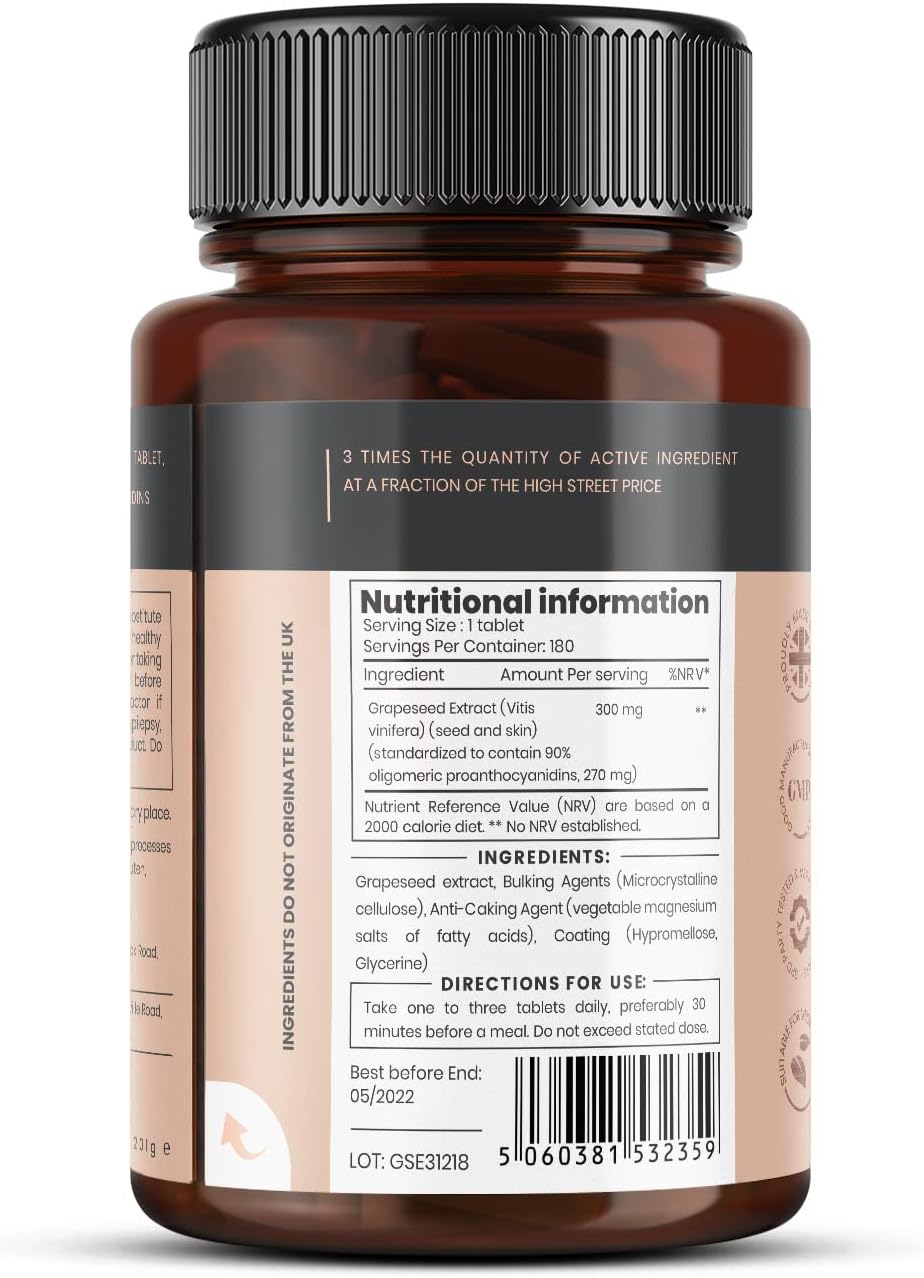High Potency Grape Seed Extract - 1080 Tablets (6 Bottles x 180 Tablets) 300mg, 90% Oligomeric Proanthocyanidins, Triple Strength Formula by Pureclinica