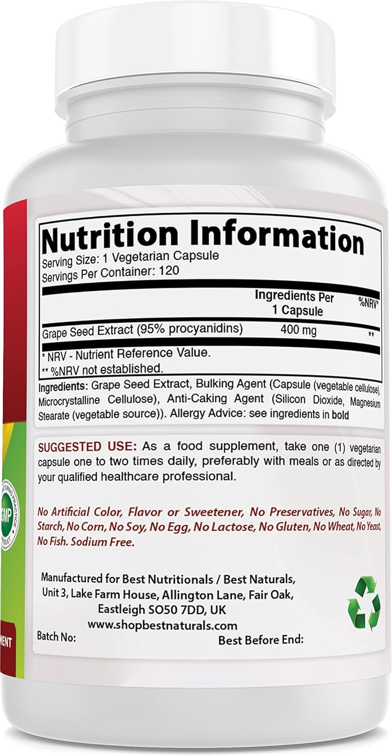 High Potency Grape Seed Extract 400mg Capsules - 120 Vegetarian Capsules - Antioxidant Supplement for Overall Health