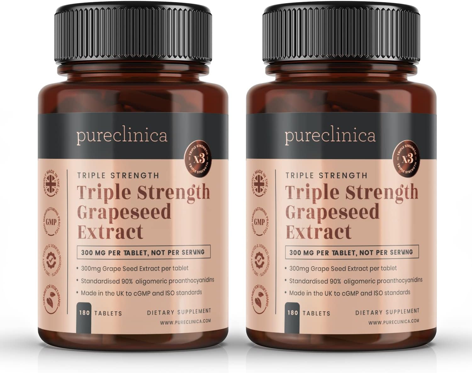 High Potency Grape Seed Extract Supplement - 300mg x 360 Tablets (2 Bottles of 180) - 1 Year Supply by pureclinica