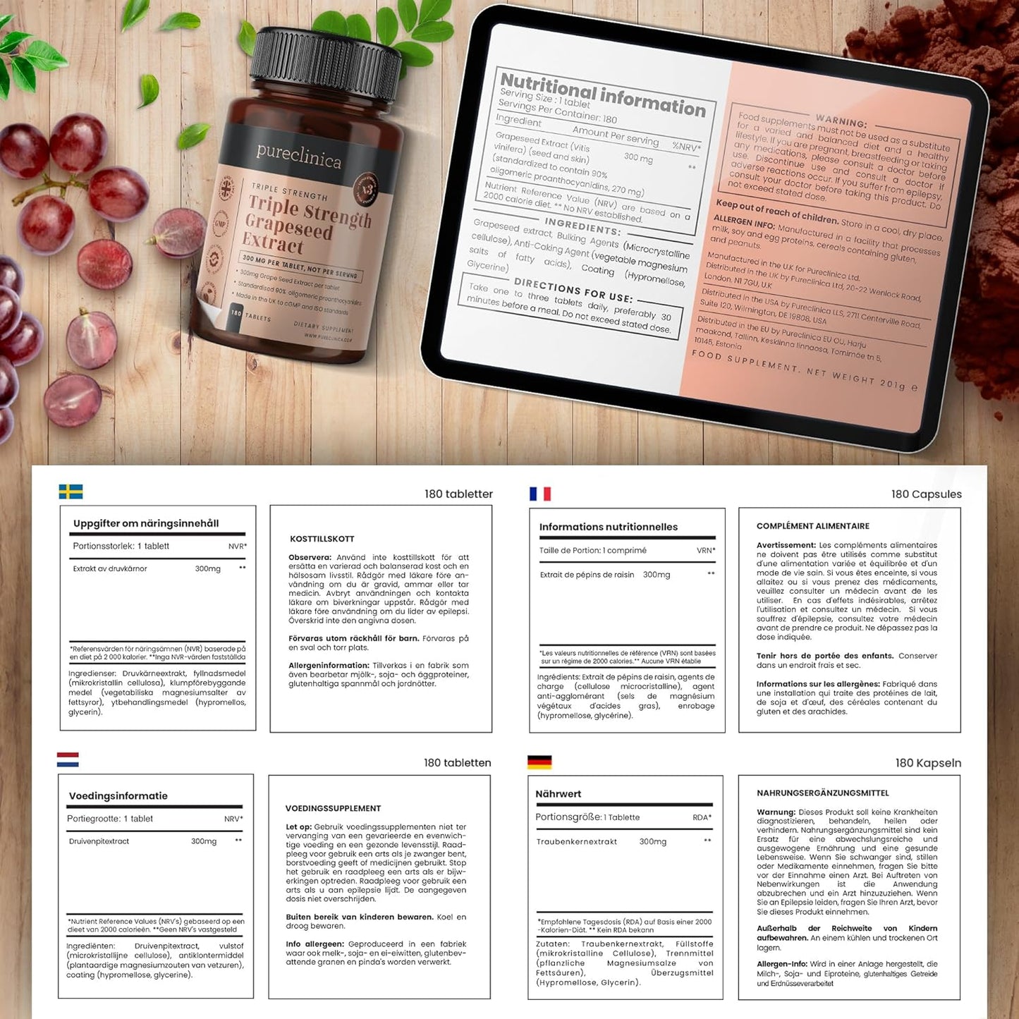 High Potency Grape Seed Extract Supplement - 300mg x 360 Tablets (2 Bottles of 180) - 1 Year Supply by pureclinica