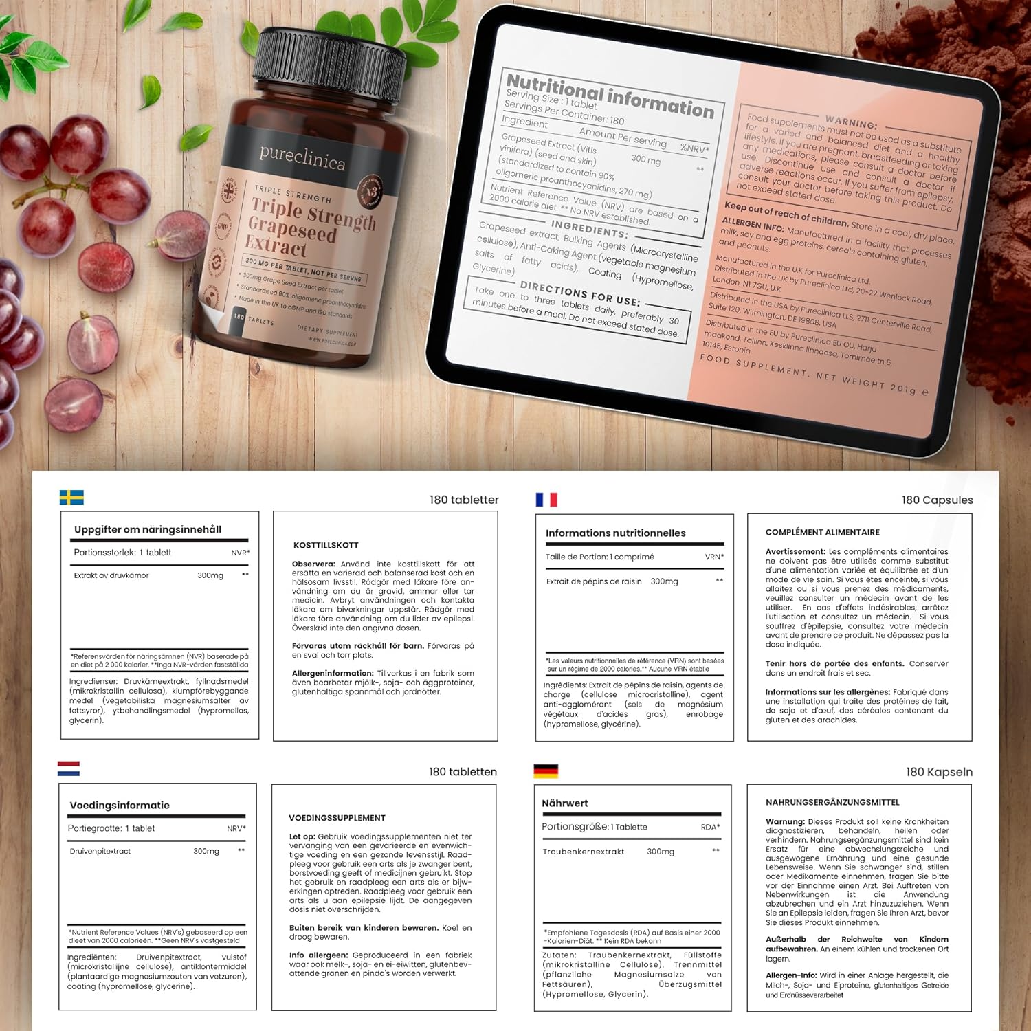 High Potency Grape Seed Extract Supplement - 300mg x 360 Tablets (2 Bottles of 180) - 1 Year Supply by pureclinica