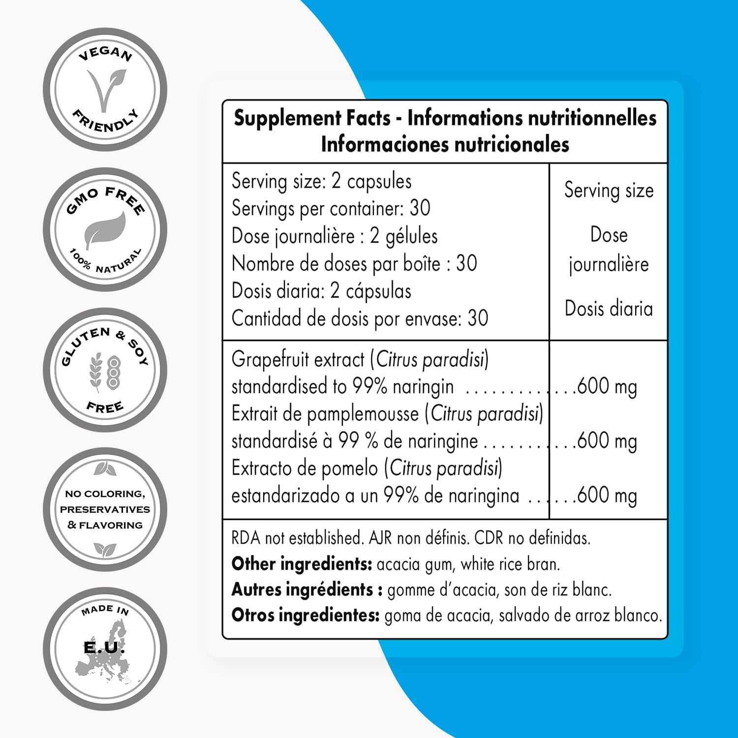 High Potency Grapefruit Extract Supplement - 600mg per Day (99% Naringin) - 60 Capsules, Non-GMO & Gluten Free