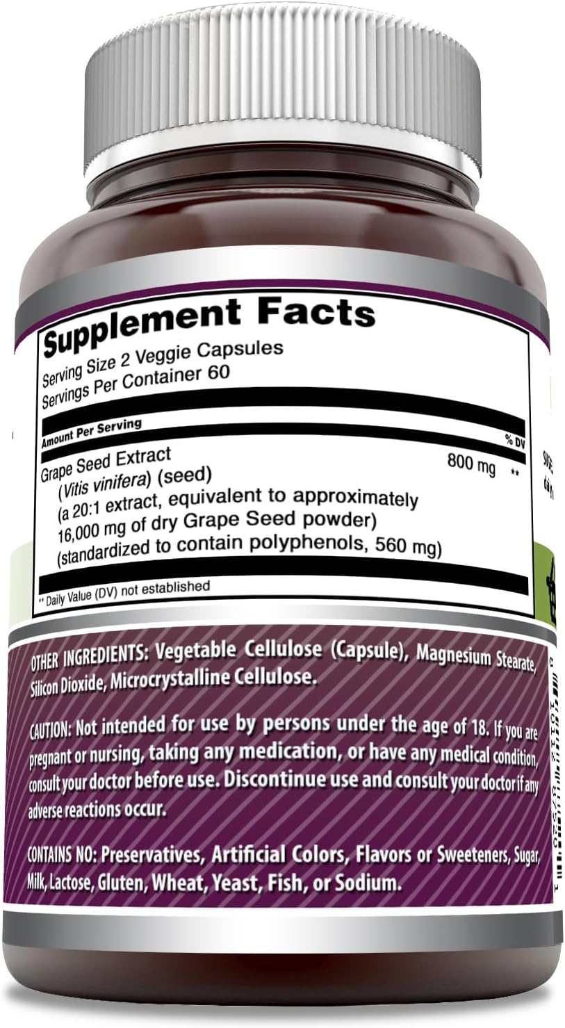 High Potency Grapeseed Extract Supplement - 16000mg Per Serving - 120 Veggie Capsules - Non-GMO & Gluten Free - Made in USA
