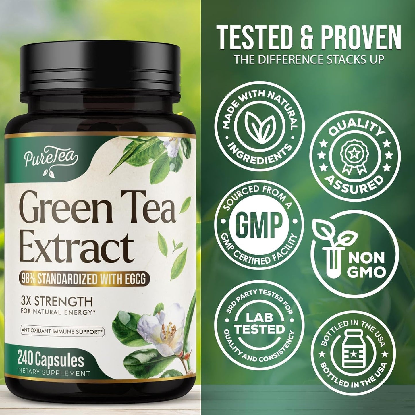High Potency Green Tea Extract Pills with EGCG for Heart Health - Antioxidant Rich - 98% Polyphenols - 3X Absorption - Natural Energy - 240 Capsules - BoostGo Australia