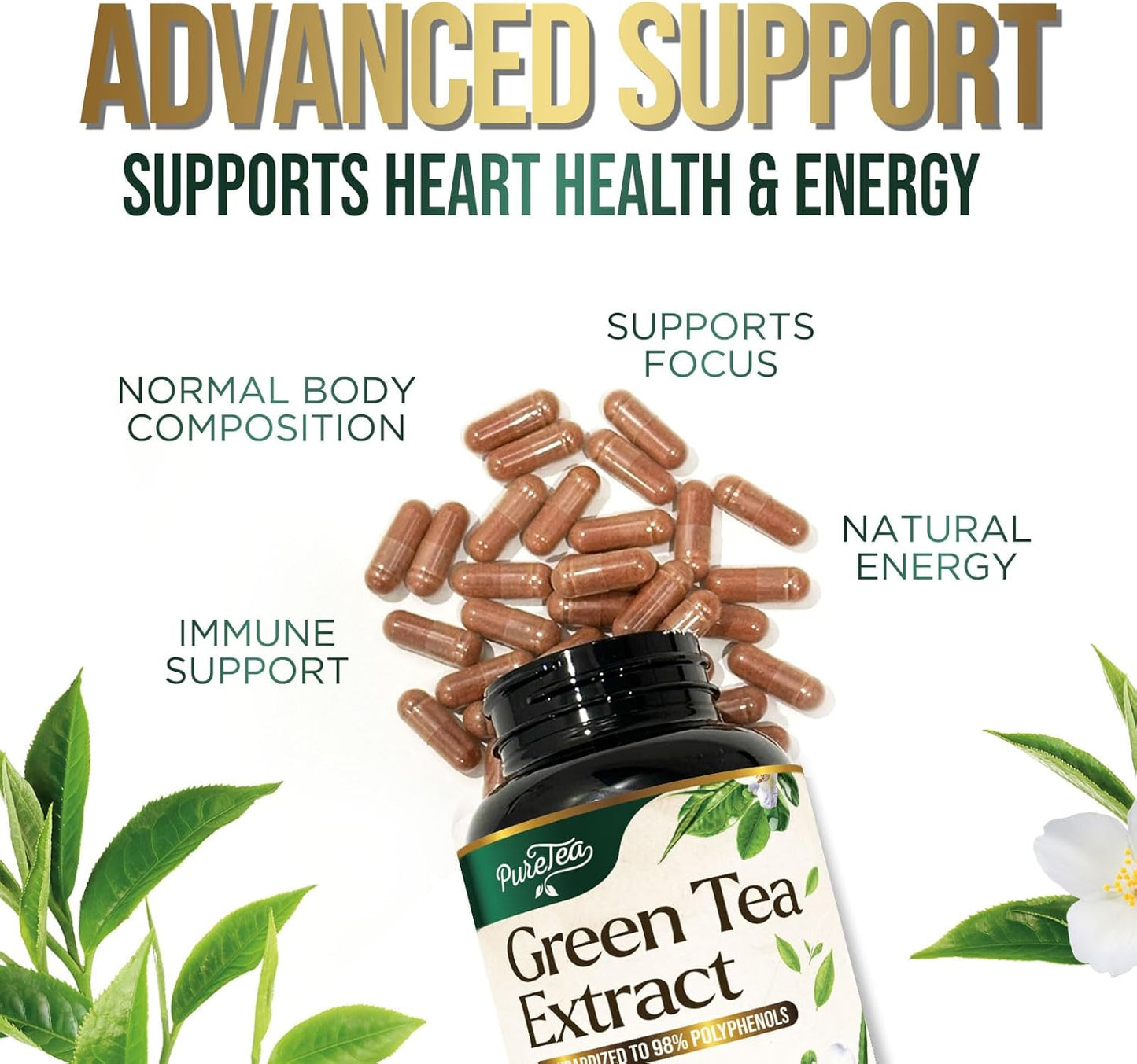 High Potency Green Tea Extract Pills with EGCG for Heart Health - Antioxidant Rich - 98% Polyphenols - 3X Absorption - Natural Energy - 240 Capsules - BoostGo Australia