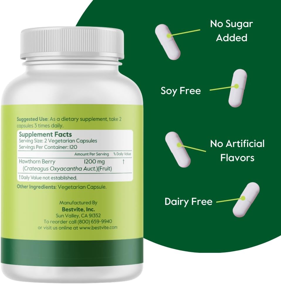 High Potency Hawthorn Berry Capsules - 600mg (240 Vegan Capsules) - No Stearates, Fillers - Non GMO, Gluten Free