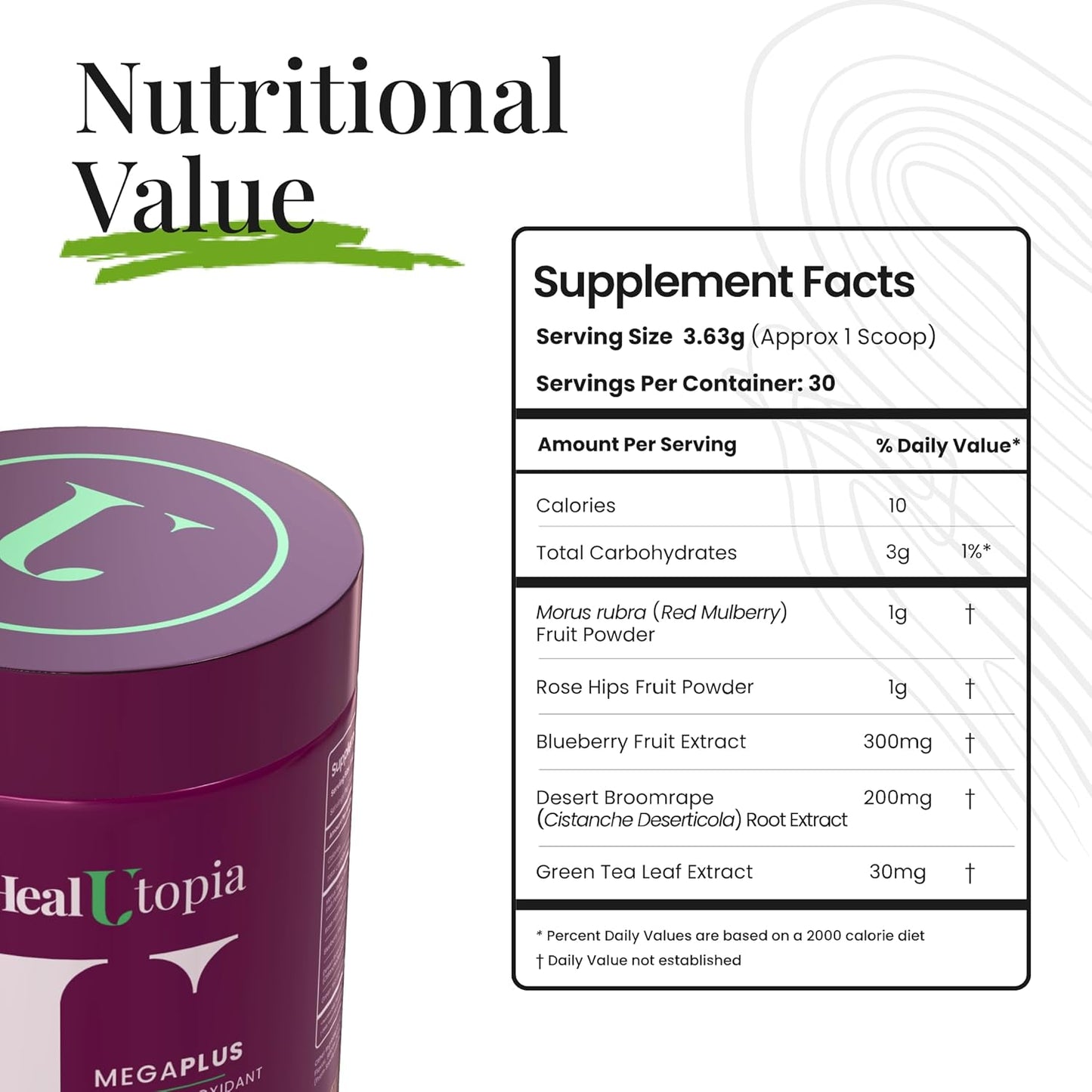 High Potency HealUtopia MegaPlus Super Antioxidant with Mulberry, Cistanche, Green Tea, Rosehip, Blueberry Extracts - Supports Immunity, Heart, Joint Health - Non-GMO, Made in USA - 30 Servings