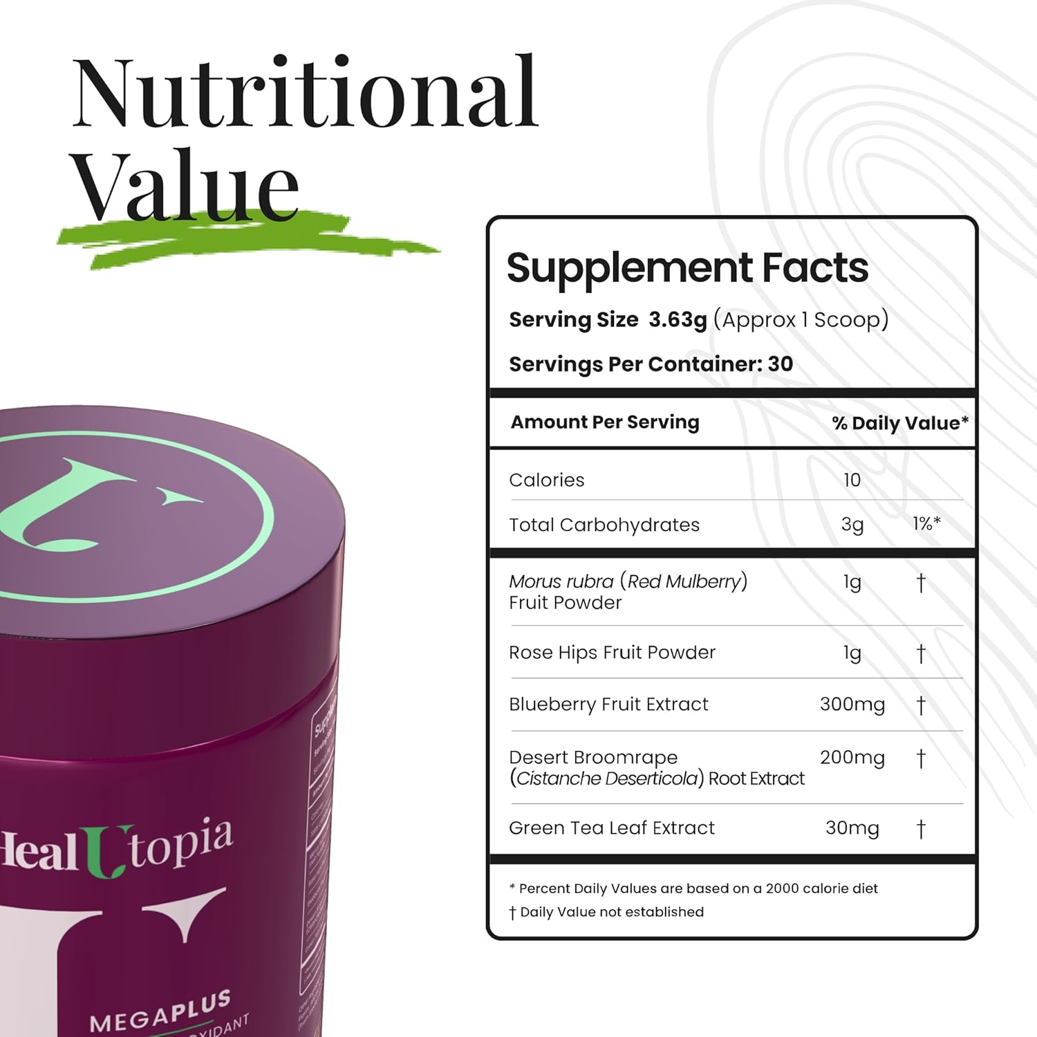 High Potency HealUtopia MegaPlus Super Antioxidant with Mulberry, Cistanche, Green Tea, Rosehip, Blueberry Extracts - Supports Immunity, Heart, Joint Health - Non-GMO, Made in USA - 30 Servings