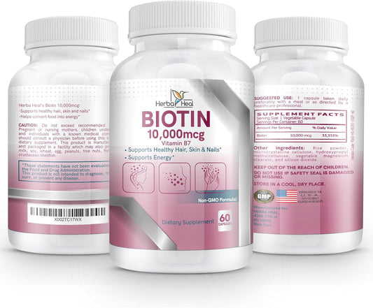 High Potency HERBA HEAL Biotin 10,000MCG Capsules for Hair Growth - Vitamin B7 Pills for Healthy Skin, Nails, and Hair Transplant - Men and Women's Supplement