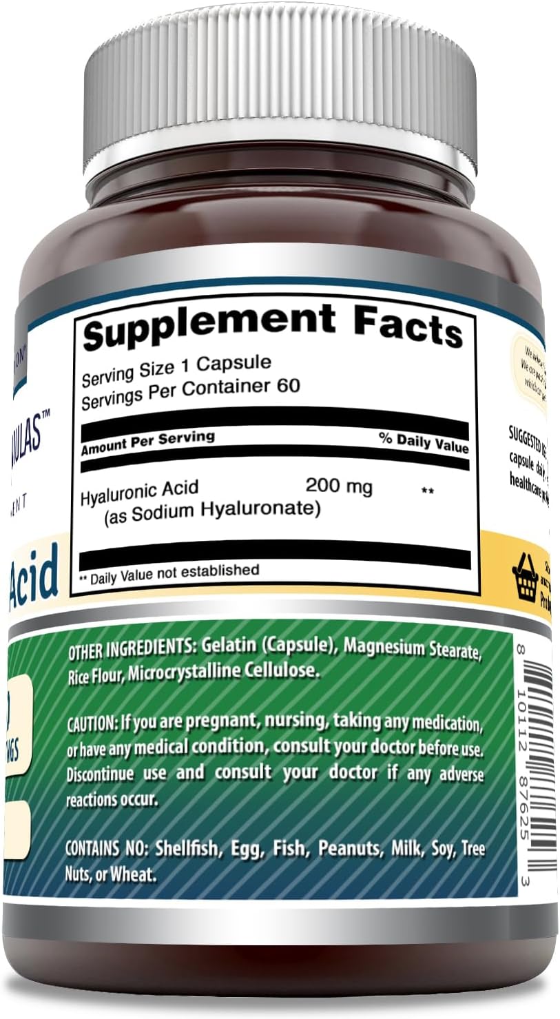 High Potency Hyaluronic Acid Capsules - 200mg per Serving | Non-GMO, Gluten Free Supplement | 60 Count, Made in USA by Amazing Nutrition