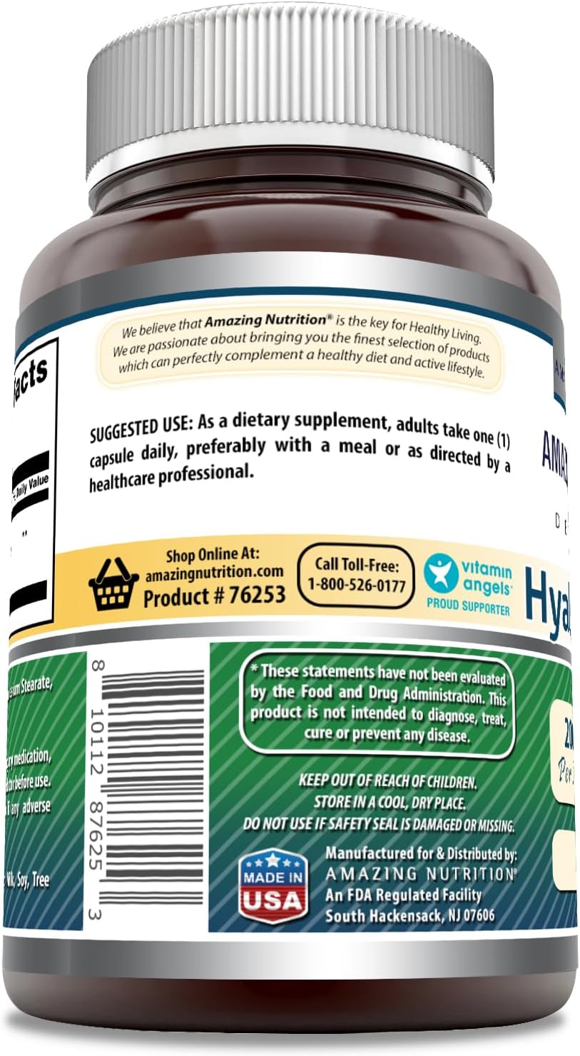 High Potency Hyaluronic Acid Capsules - 200mg per Serving | Non-GMO, Gluten Free Supplement | 60 Count, Made in USA by Amazing Nutrition