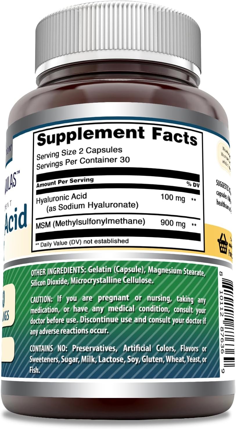 High Potency Hyaluronic Acid & MSM Supplement - 1000mg Capsules - Non-GMO, Gluten Free - Made in USA - 60 Count